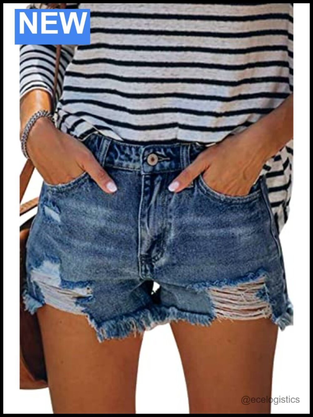 Mid Waist Ripped Raw Cut Hem Stretchy Denim Shorts